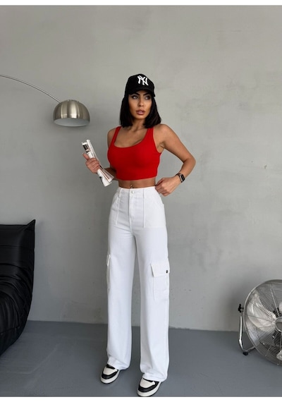 Gabardin Pantolon Wide-leg Fit Yüksek Bel Kargo Cepli Beyaz