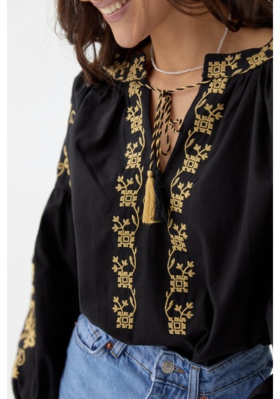 Femelle Kadın Siyah Püsküllü Nakış İşlemeli Vintage Bluz