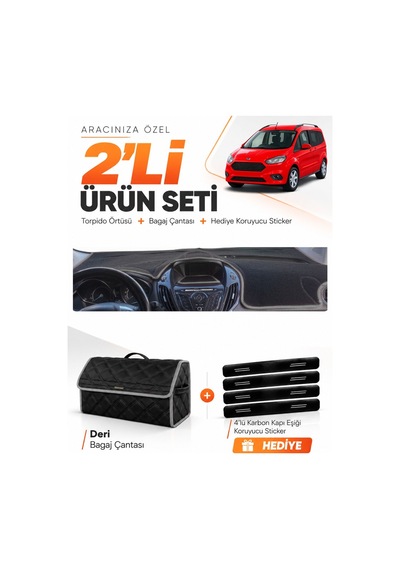 E-biz Ford Courier 2013-2020 Ekranlı Uyumlu Torpido Örtüsü + Deri Çanta - Siyah-gri - Fo003