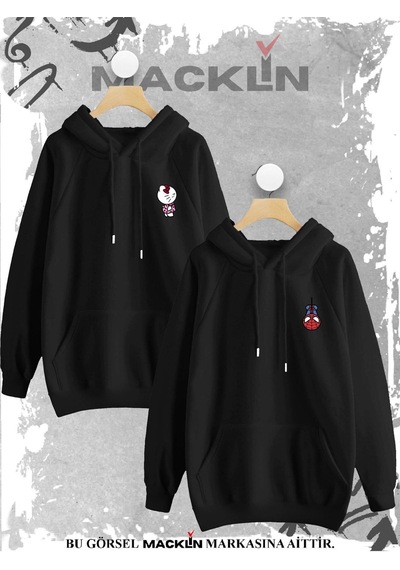 Macklin Sevgili Çift Kombini Hello Kitty Spiderman Göğüs Baskılı Tasarım Kapüşonlu Sweatshirt 2li Set Takım Siyah Mck0846 Siyah