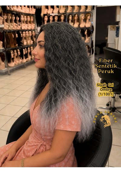 Afro Su Dalgası Peruk Fiber Sentetik Siyah Gri Ombre