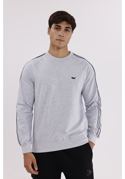Rowinger Çift Şeritli Raglan Kol Minimal Logolu Bisiklet Yaka Sweatshirt Grey