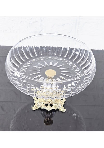 Lotus Kristal 24 Cm Kesme Dekor Gold Döküm Ayak Salata Kasesi Cam Sunumluk & Salata Kase Naturel