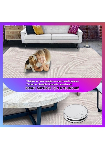 Latte Dizayn Tegan Desenli Kadife Pamuk Tabanlı Yıkanabilen Kaydırmaz Antibakteriyel Salon Halısı 80x250 Diğer