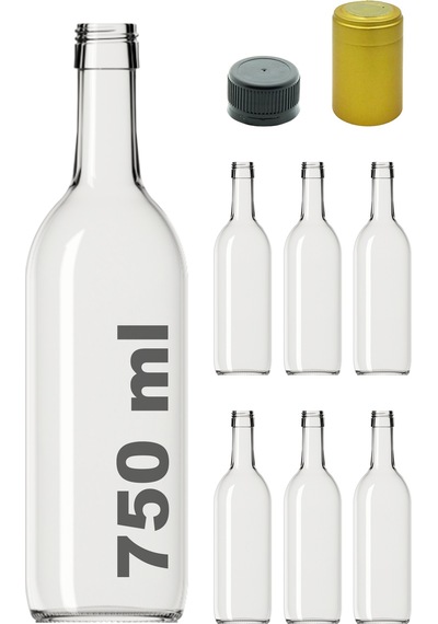 Afracam Standart Şeffaf 750 ML Sızdırmaz Kapaklı Ve Kapüşonlu Boş Cam Şişe 6 Adet