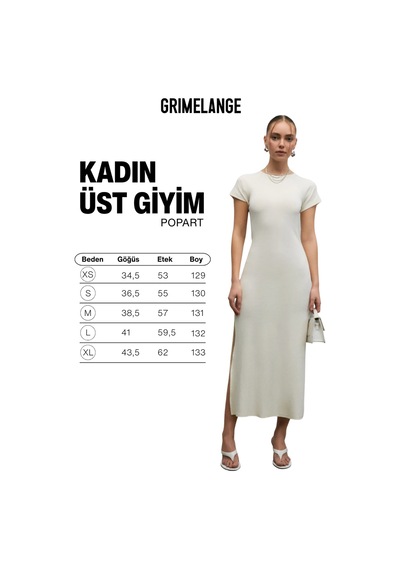 Grımelange Popart Kadın Yumuşak Ve Esnek Kumaşlı Bisiklet Yakalı Yırtmaç Detaylı Uzun Beyaz Elbise Beyaz
