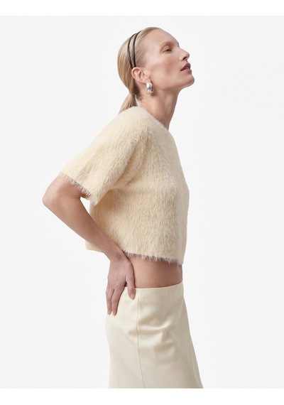 Koton Kısa Kollu Bisiklet Yaka Püsküllü Crop Bluz Ekru 6sak10055uk