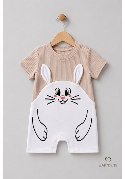 Babyden's Tavşan Baskılı Şortlu Erkek Bebek Tulum %100 Pamuk Yazlık Kısa Kollu Çıtçıtlı Yenidoğan Bebek Tulumu 0-9 Ay Bej