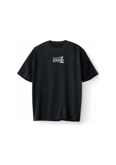 Bumeta Halloween Yarasa Balkabağı Cadı Şapkası Ve Süpürge Oversize Unisex Tişört T-shirt Siyah