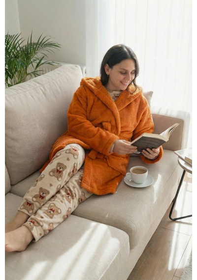 Kapüşonlu Wellsoft Sabahlık & Peluş Bornoz - Yumuşak, Polar Unisex Sabahlık Turuncu