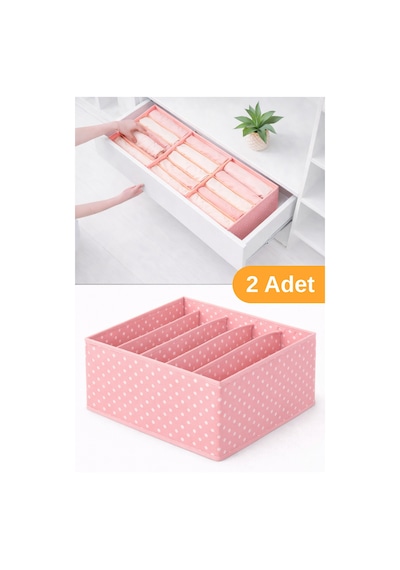 2 Adet - 5 Bölmeli Dolap Ve Çekmece Içi Düzenleyici Saklama Kutusu Organizer - Pembe Benekli Kumaş 3 Diğer
