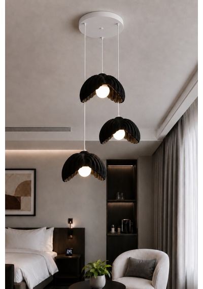 Lotus Çiçek Tasarım Üçlü Sarkıt Avize - Modern Tasarım Gece Lambası İç Dış Ortama Uygun - 25 Cm - Kahverengi Siyah