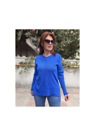 DenizEge V Yaka Şeritli Kazak Saks Mavi Saks Mavi