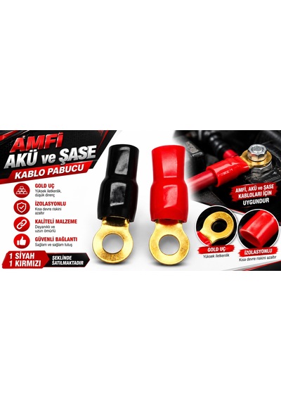 Amfi Akü Şase Kablo Pabucu - 2 Adet 1 Siyah + 1 Kırmızı - 4ga - 6ga Ve 8ga Kablo İçin Gold Uçlu İz