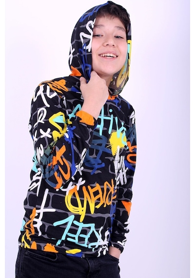 Fyk Kids Kapüşonlu Desenli Unisex Sweatshirt 2 İplik Siyah