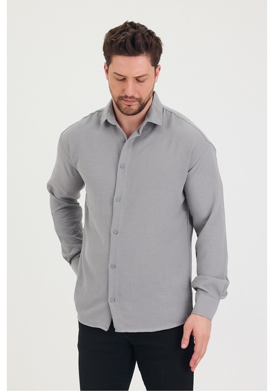 Cool Tarz Erkek Slim Fit Dar Kalıp Uzun Kol Pamuklu Keten Efekt Gömlek Gri Gri