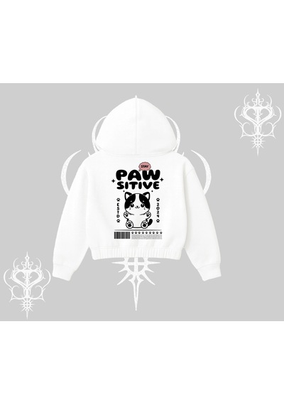 Startmore Paw Sitive Kedi Arka Baskılı Kapşonlu Crop Sweatshirt Beyaz