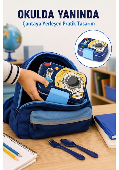Happi Astronot Paslanmaz Çelik Bölmeli Beslenme Kutusu 1030 Ml Çatal Kaşık Dahil Lacivert