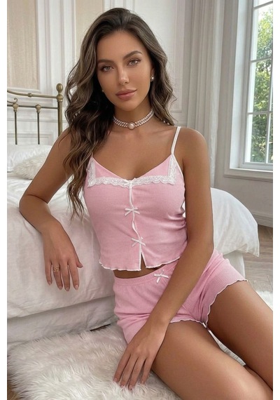 Bella Notte Pembe Dantel Detaylı Fiyonk Detaylı Askılı Şortlu Pijama