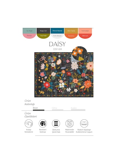 Cool Halı Daisy Siyah Dekoratif Çiçekli Tasarım Otantik İnce Yıkanabilir Dokuma Şönil Salon Halısı