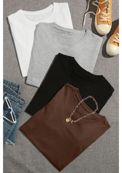 Unisex Basic Model 4'lu Tshirt Kahverengi