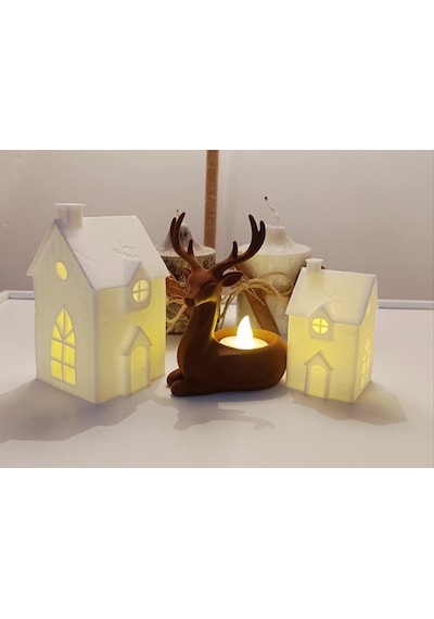 Kış Evleri Geyik Mumluk Noel Yılbaşı Süsü Dekoratif Biblo Tealight Mumluk Seti Mumlar Dahildir