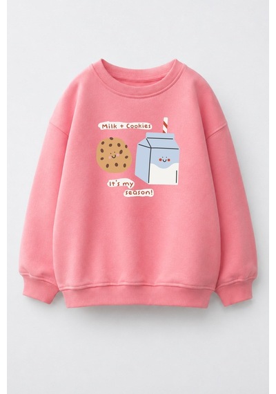 Monila Kız Çocuk 3 İplik Kumaş Pamuklu Baskılı Sweatshirt Pembe