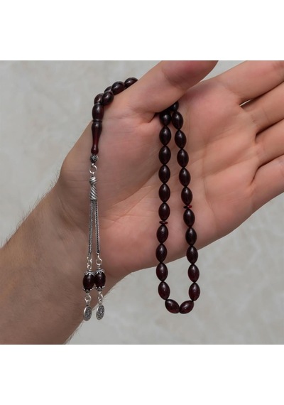925 Ayar Gümüş Püsküllü Bordo Kehribar Tesbih
