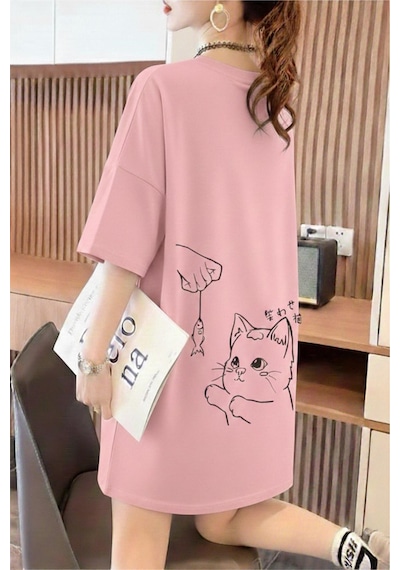 Fish And Cat Kadın Oversize Basic Bisiklet Yaka Pamuklu T-shirt Rahat Kesim Unisex Pembe