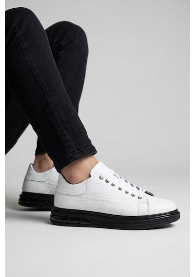Papuçcity Pisagor Ps-01209 Erkek Hakiki Deri Sneakers Spor Ayakkabı Beyaz - Siyah