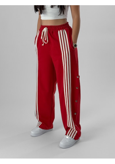 Cocopelli Kadın Şeritli Kırmızı Baggy Pantolon Coc1080 Kırmızı