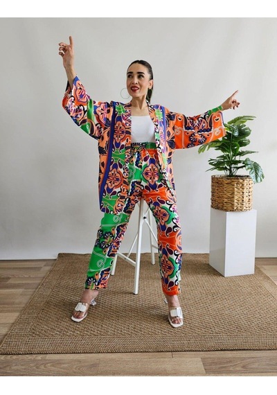 İpli Turuncu Renk Etnik Desenli Viskon Kumaş Kimono Takım Turuncu