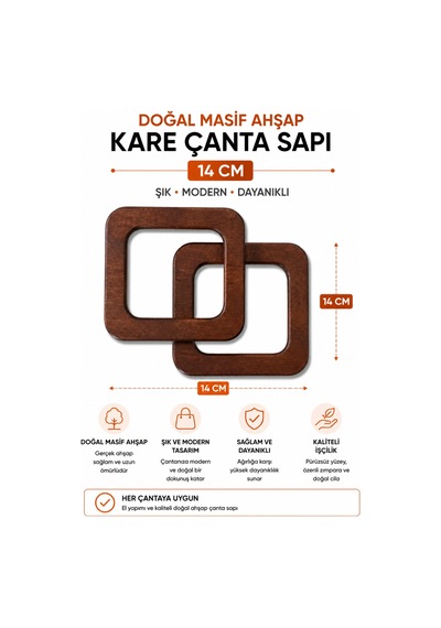 Vollen Yarn Doğal Masif Ahşap Kare Çanta Sapı 14 Cm 1 Çift 2 Adet El Yapımı Çanta Kulpu Çanta Aksesuarı Kahverengi