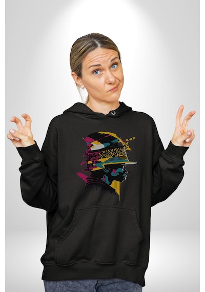 Canlı Afrobeat Füzyon Renkli Siluet Kadın Erkek Siyah Kapüşonlu Sweatshirt Hoodie Siyah