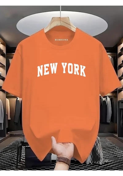 New York Beyaz Baskılı Oversize Tişört Turuncu