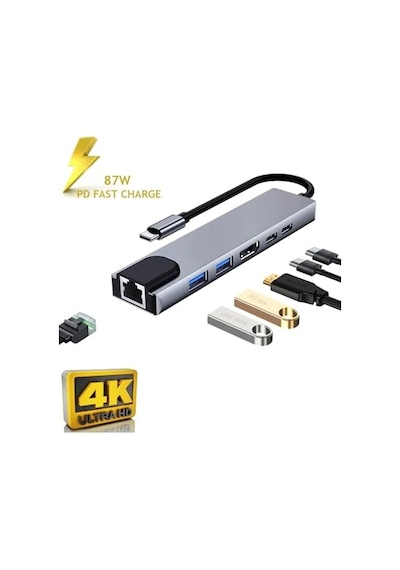 Cf-04 Macbook Uyumlu Type-c To 4k Hdmı Tv Projeksiyon Uhd 1080p 2 Type-c 3 Usb Sd/tf Rj45 Ethernet Lan 8ın1 Çevirici Hub Adaptör