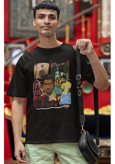 Bad Bunny Rapper Şarkıcı Baskılı Unisex Oversize Tişört Siyah