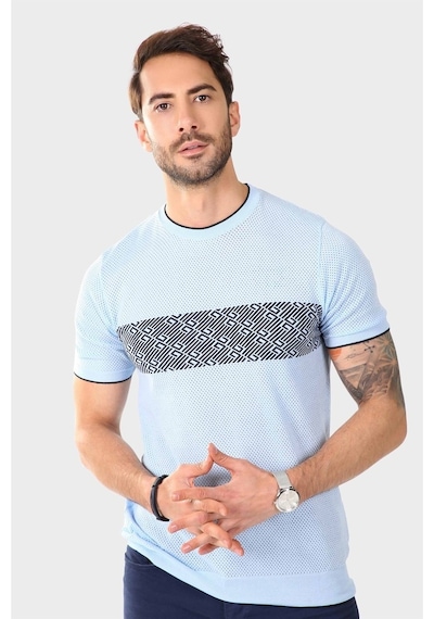 Ferraro Erkek Desenli Delikli Bisiklet Yaka Triko T Shirt - Mavi-Mavi