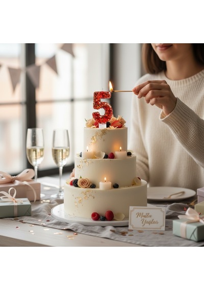 Turuncu Simli Pasta Mumu Doğum Günü Mum 5 Yaş