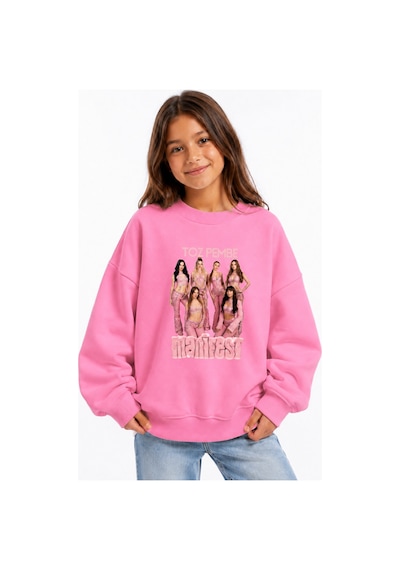 Fasardi Manifest Girls M6nifestgirls Baskılı Oversize Şardonsuz Uzun Kollu Kız Çocuk Sweatshirt Pembe