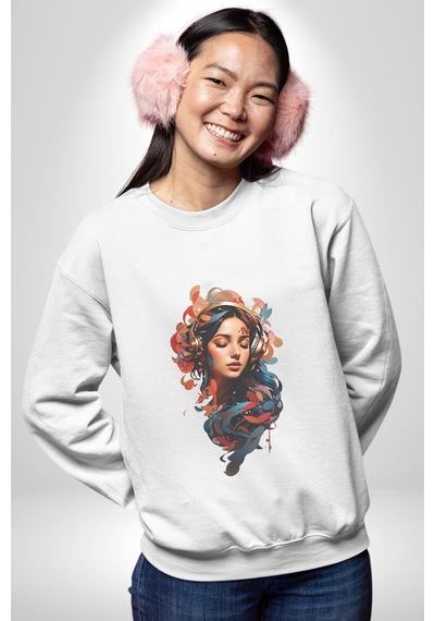 Müzik Dinleyen Kulaklık Yaprak Saçlı Renkli Unisex Beyaz Baskılı Sweatshirt Beyaz