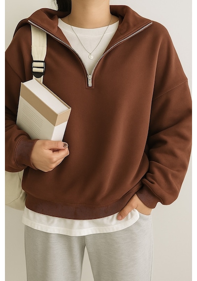 Ghassy Co. Kadın Pamuklu Oversize Silver Yarım Fermuarlı Sweatshirt Kahve