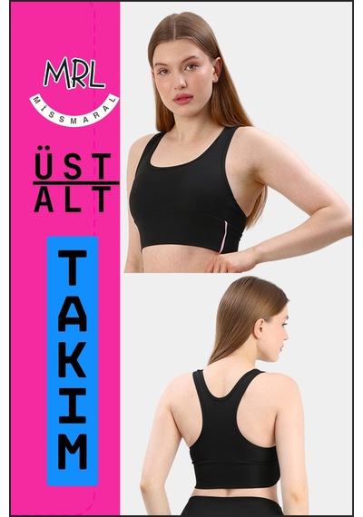 Missmaral Kadın Siyah Takım Alt-üst Kısa Şort-tayt Ve Pedli Sporcu Büstiyer 2li Set Lila Biyeli Elt3043 Siyah Lila