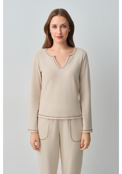 Suwen Comfort V Yaka Pijama Takımı Wsh105100931563 Krem Melanj