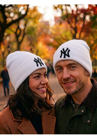 Hamze Ny New York Nakışlı Unisex Pamuklu Akrilik Kışlık Bere Beyaz