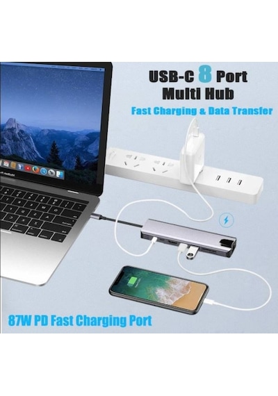Grc Accessory 8 in 1 4K Type C USB 3.0 Hub HDMI RJ45 SDTF Adaptörü