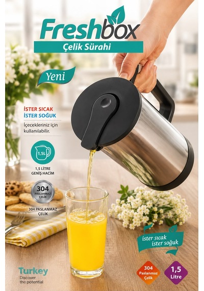 1,5 Litre 304 Paslanmaz Çelik Sürahi Sıcak Soğuk İçecek Sürahisi Çelik Termal Sürahi Çok Renkli