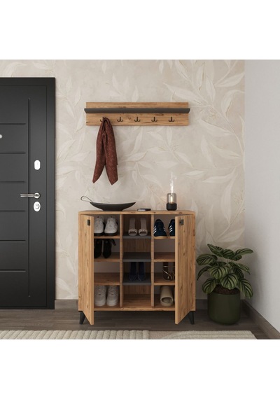 Albena 2 Kapaklı Ayakkabılık, Vestiyer, Portmanto, Askılık, 90 Cm , Atlantik Çam - Antrasit Atlantik Çam - Antrasit