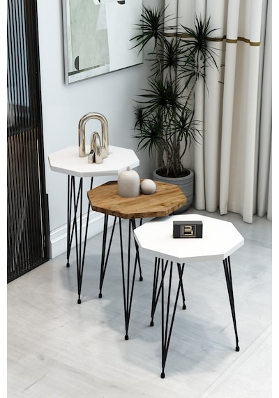 3'lü Sekizgen Zigon Sehpa Seti - Siyah Metal Ayaklı, Modern & Şık Yan Sehpa, Dayanıklı Salon Ofis Beyaz Atlantik Çam
