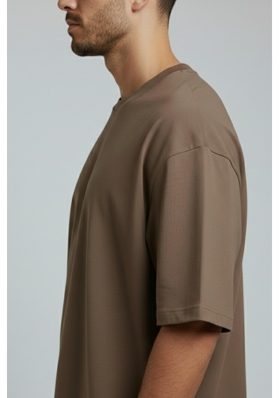 Allunique Erkek Pamuklu Oversize Bisiklet Yaka Kahverengi T-shirt